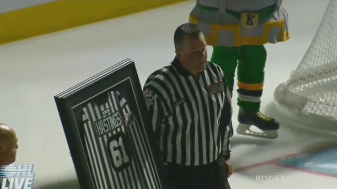 Kevin Hastings being honored ahead of his 1,254th OHL game. (Rogers TV)